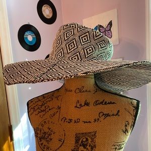 Blue and white floppy derby hat